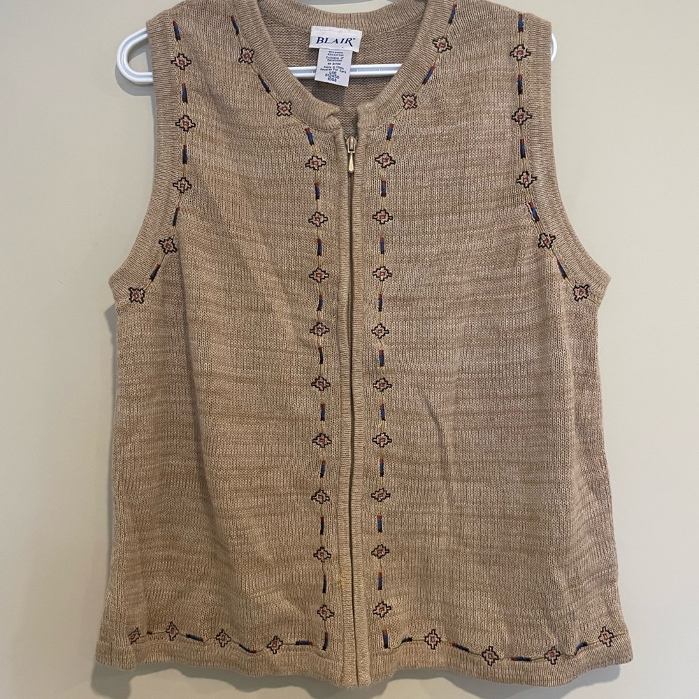 Blair Women's Tan Sleeveless sweater vest with Embroidery